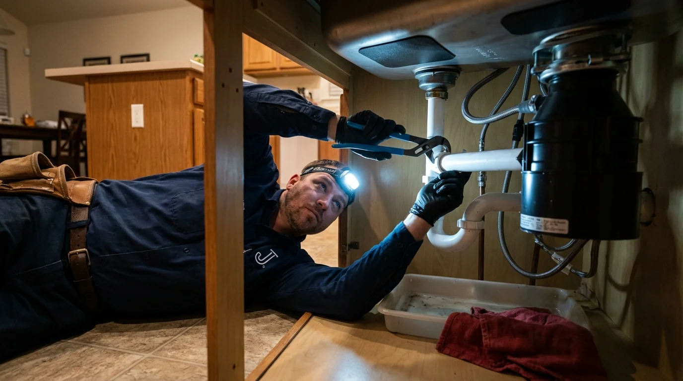 P-trap and supply line connections under a kitchen sink showing a common leak point in Palmyra, NJ
